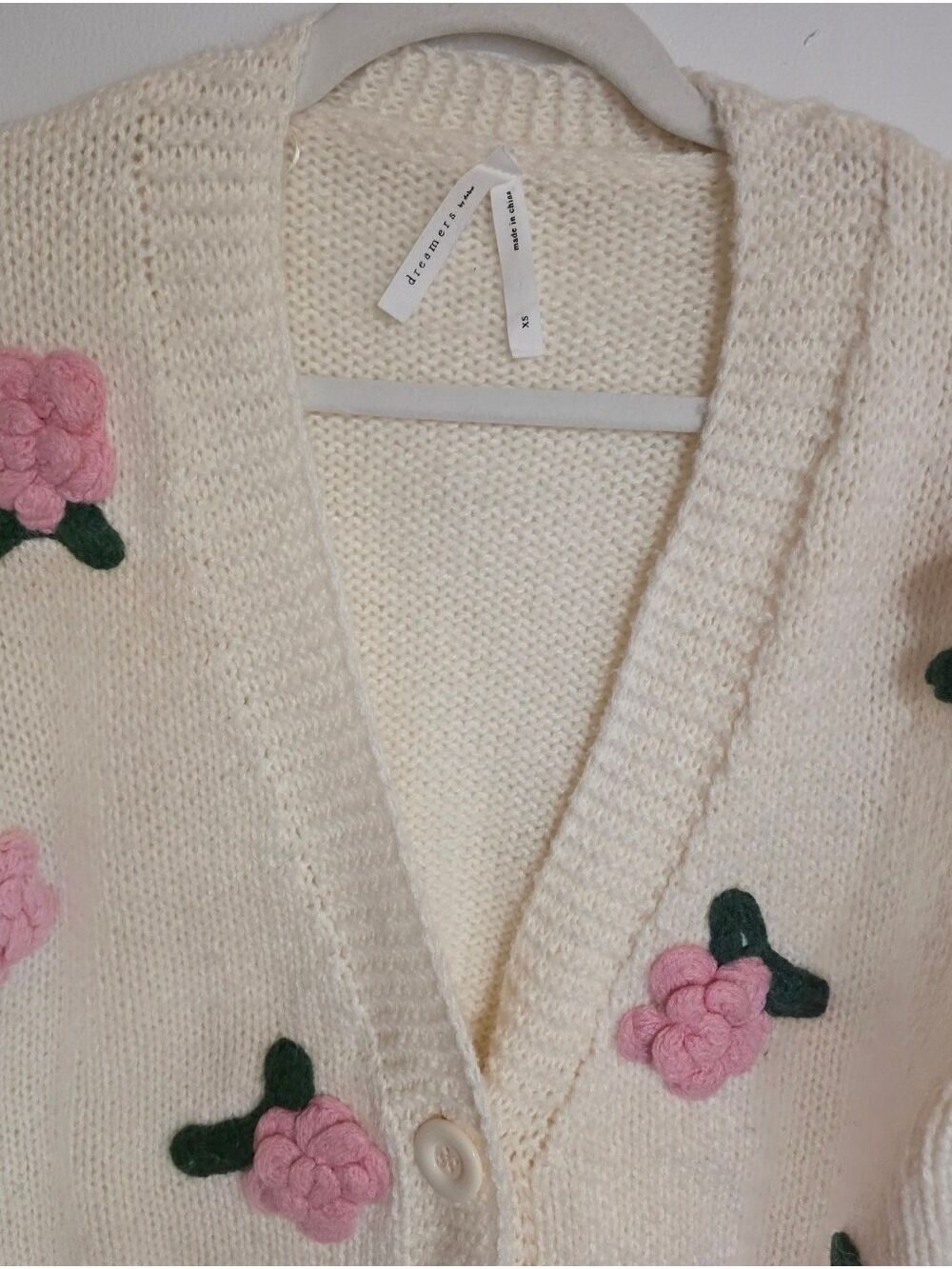 Dreamers by Debut 3D Floral Chunky Knit Cardigan Sweater Cream Pink Size XSmall - Picture 3 of 12